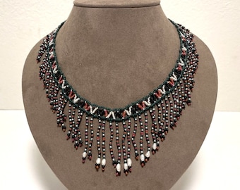 Vintage 18" Glass Seed Bead Bib Necklace Freshwater Pearls Choker