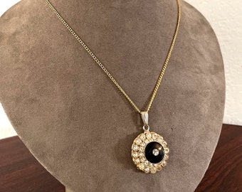 Vintage Black and Clear Rhinestone Pendant Necklace Gold-tone