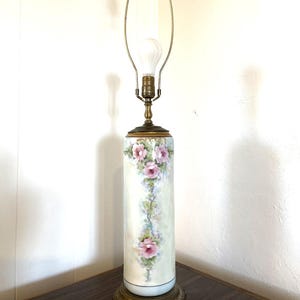Antique / Vintage Hand Painted Limoges Style Porcelain Table Lamp Pink Roses 33&quot;