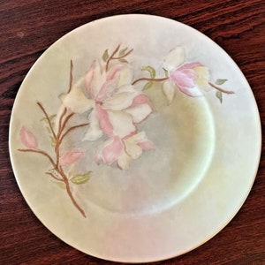 Antique Hand Painted White & Pink Magnolia Plate with Gold Rim Signed