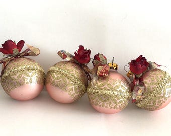 4 Vintage Krebs Glass Ball Christmas Ornaments Pink w Gold Glitter, Rose Accent