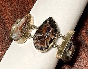 Vintage Sterling Silver Natural Amethyst Geode Toggle Linked Bracelet 7.75"
