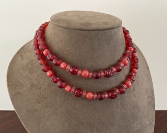 Vintage Red Plastic Bead 2-strand Choker Necklace 14" + tail mid century