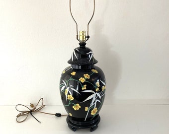 Vintage Hand Painted Asian Ginger Jar Style Table Lamp Black w Yellow Flowers