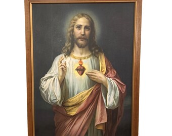 LARGE Vintage JesusSacred Heart Lithograph Print Wood Frame 31x41"