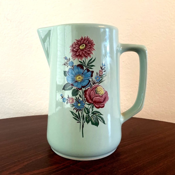 Vintage Pozzani Mid Century Seafoam Green Floral Pitcher 1.5 Quart