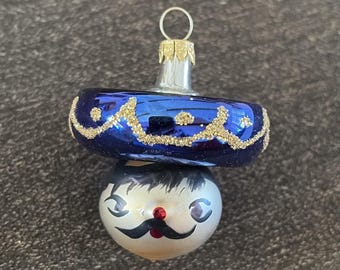 Vintage Figural Glass Mexican Mariachi Christmas Ornament Sombrero Head Blue