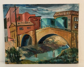 Vintage Impressionist Painting 20x16" SW Adobe Architectural Landscape signed