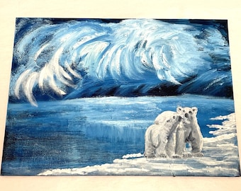Vintage Original Polar Bear Arctic Winter Landscape 16x12"