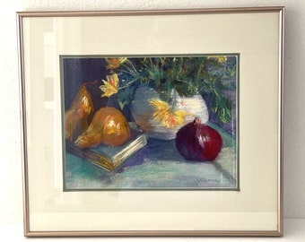 Vintage Original Pastel Still Life Painting 18x16" signed Flower and Fruit