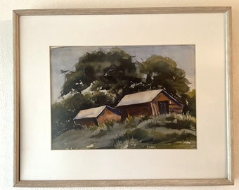 Vintage Original Barn Landscape Watercolor Wood Frame Joanne Adams 21x17"