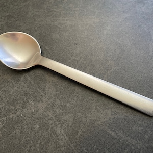 May include: A silver teaspoon with a rounded bowl and a long, slender handle.