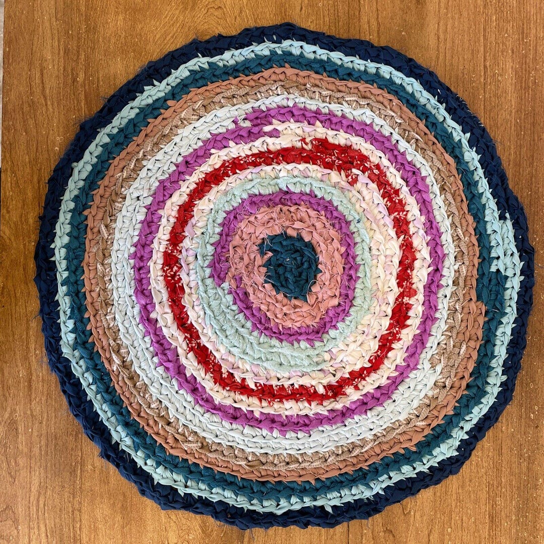Vintage Handmade Round Crochet Throw Rug 21” Blue Brown Red Violet ...