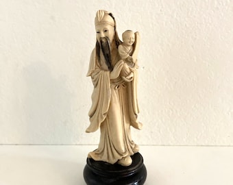 Vintage Resin Chinese Priest Statue on Wood Base 7" Holding Child