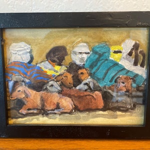 Vintage African Watercolor Figural Painting Tribal Figural Men Calves 8x6&quot; small