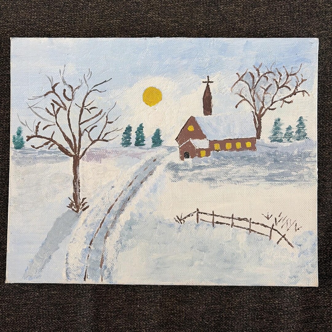 Vintage Folk Art Painting 8x10" Winter Church Landscape - Etsy