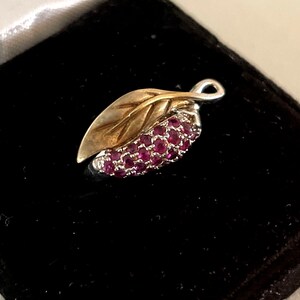 May include: A silver and gold leaf pendant with a cluster of ruby red stones.