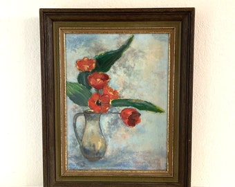 Vintage Mid Century Floral Still Life Painting Wood Frame 16x20" Red Tulips