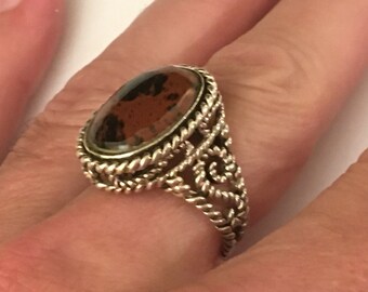 Vintage Ornate Filigree Barse Sterling Silver Spotted Brown Jasper Ring size 10