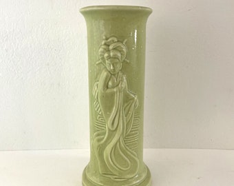 Vintage mcm Asian Geisha Motif Art Pottery Vase 12" tall Chartreuse Green