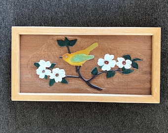Vintage Hand Carved Wood Wall Hanging Placque Painting 18.5x9.5" Bird Blossoms