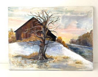 Vintage Landscape Painting 24x18" Barn in Winter signed S Bruder