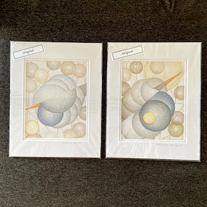 Pair Original Colored Pencil Drawings Abstract Geometric Bubbles 11x14&quot; signed