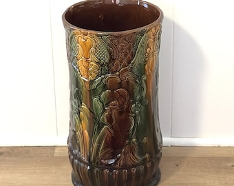 Antique Art Pottery Majolica Glaze Umbrella Stand Roseville Iris 10x19"