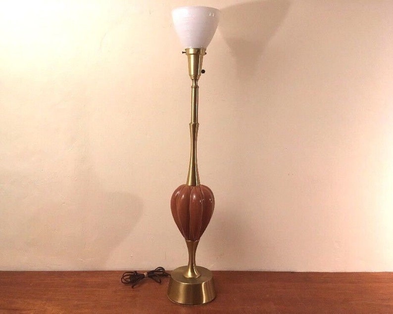 Vintage Rembrandt Mcm Brass Art Pottery Table Lamp Torchiere Style Glass Shade