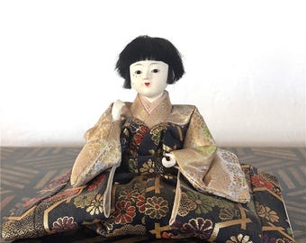 Vintage Japanese Ningyo Female Hina Doll Sitting Kimono 5x7"