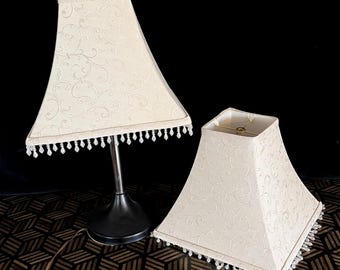 PAIR Square Beige Bell Fabric Lampshades for table lamp, 5x12x10" Beaded Fringe