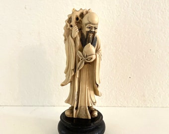 Vintage Resin Chinese Priest Statue on Wood Base 7" Holding Peach