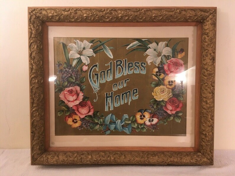 Large Antique GOD BLESS Our HOME Lithograph Print Ornate Oak / Etsy
