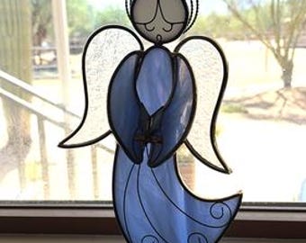 Stained Slag Glass Angel Sun catcher Figurine Blue and White 10" Gold tone