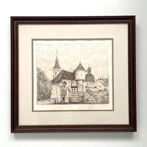 Vintage Etching Print German Village Castle Signed Framed 16x15"