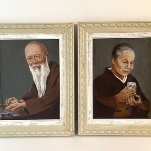 Pair vIntage Oriental Portrait Paintings Elderly Asian Couple Man & Woman Framed