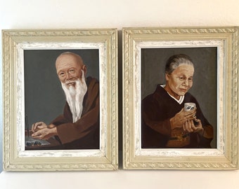 Pair vIntage Oriental Portrait Paintings Elderly Asian Couple Man & Woman Framed