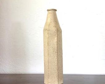 Vintage Octagon Art Pottery Bottle Flower Vase speckled Ivory White 9.5"