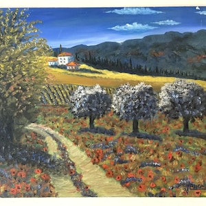 Vintage Italian Poppy Flowers Fruit Tree Landscape Signed Vaughn no frame 12x15&quot;