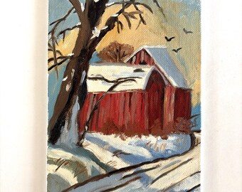 Vintage Folk Art Painting 5x7" Winter w Red Barn Farm Landscape