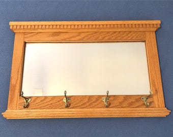 Oak Wall Hanging Coat Rack With Mirror Hand Made Solid Wood 31x20"