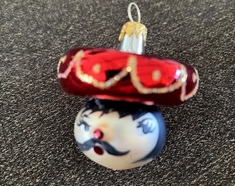 Vintage Figural Glass Mexican Mariachi Christmas Ornament Sombrero Head Red