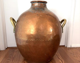 X-LARGE Antique Egyptian Copper Bean Pot Brass Handles Hammered Primitive Decor