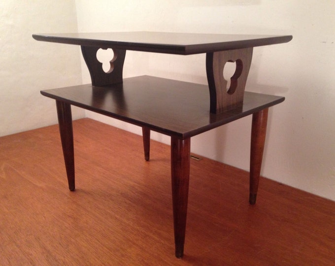 Vintage Mcm Retro 2 Tier SIDE/END TABLE Wood Grain Formica Laminate Top