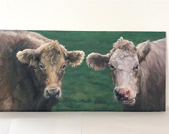 Vintage Original Oil on Paper-Board Cow Painting 30x14.5" signed CRT