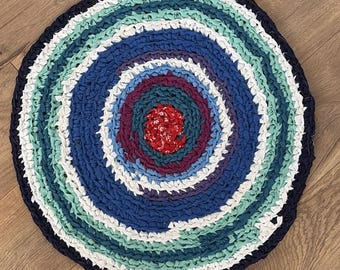 Vintage Handmade Round Crochet Throw Rug 20” Blue Green Red Cottage