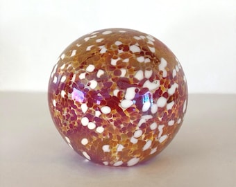Vintage Blown Art Glass Paperweight 3” Iridescent Red Orange Spotted White