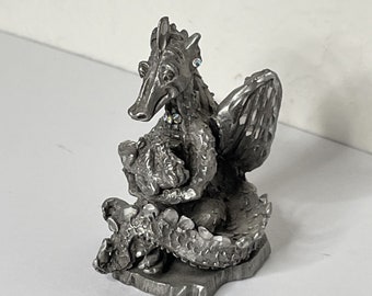 Vintage 1990 Agnes and Baby Dragon Pewter Statue with Rhinestones by Rawcliffe