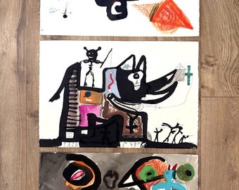 3 pc 80s Outsider Art Abstract Figural Symbolism Painting Stuart Buehler 22x40"