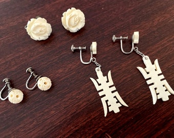Lot 3 Pair Carved Celluloid Earrings Flower Ball Dangle Roses Flowers Screw Back